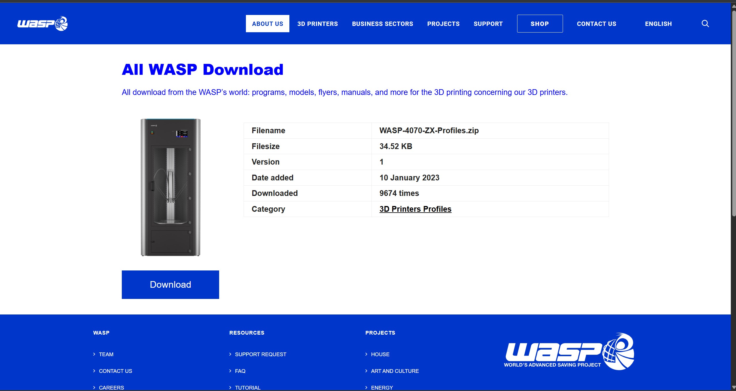 Downloading WASP 4070 printer profile configuration files from the official WASP website